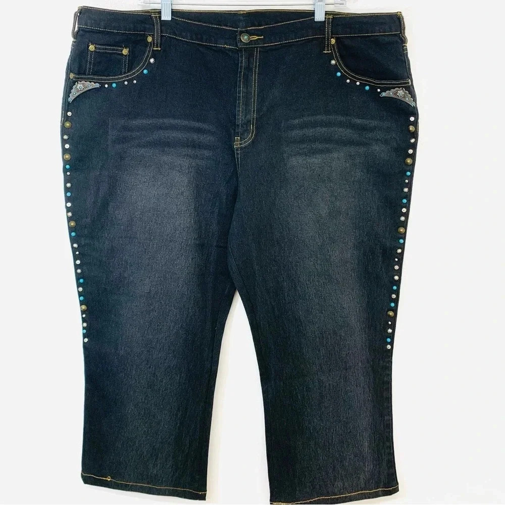 Diane Gilman Black Studded‎ Jeans Woman 24WP Pockets Crop Western Boho Casual